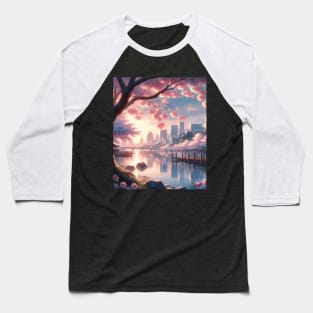 Cherry Blossom and Lake - Anime Drawing Baseball T-Shirt